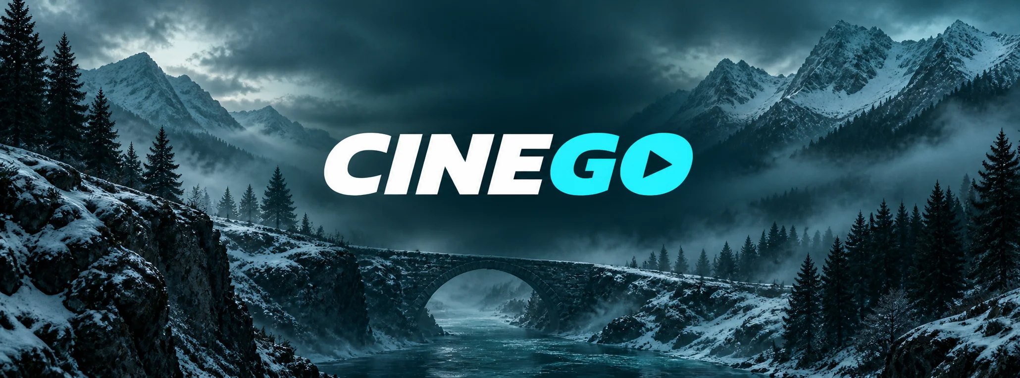 CINEGO in white and cyan above an original misty mountain landscape